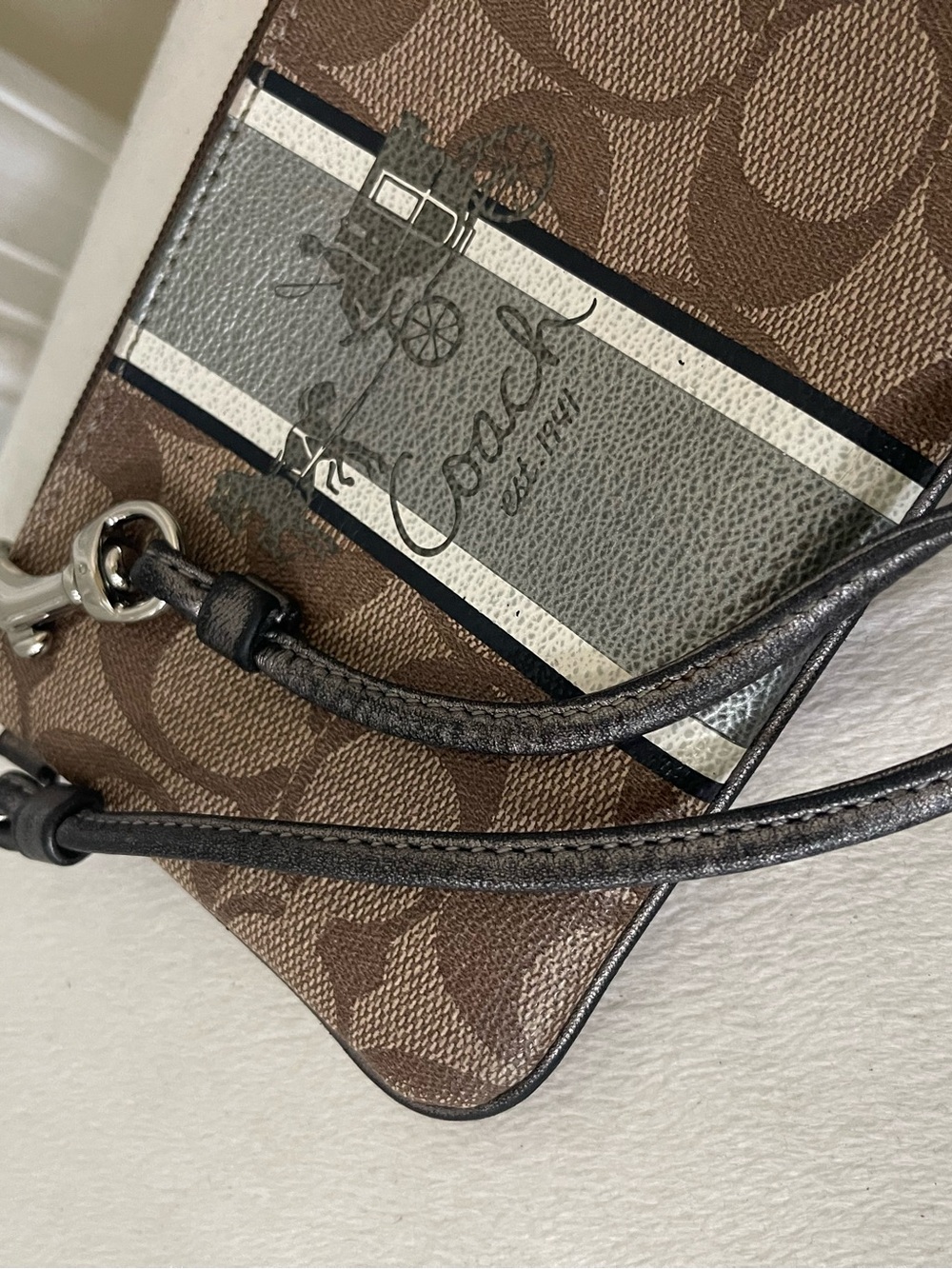 Coach Brown Signature Stripe Wristlet with Black and Cream Center Stripe - Picture 7 of 8